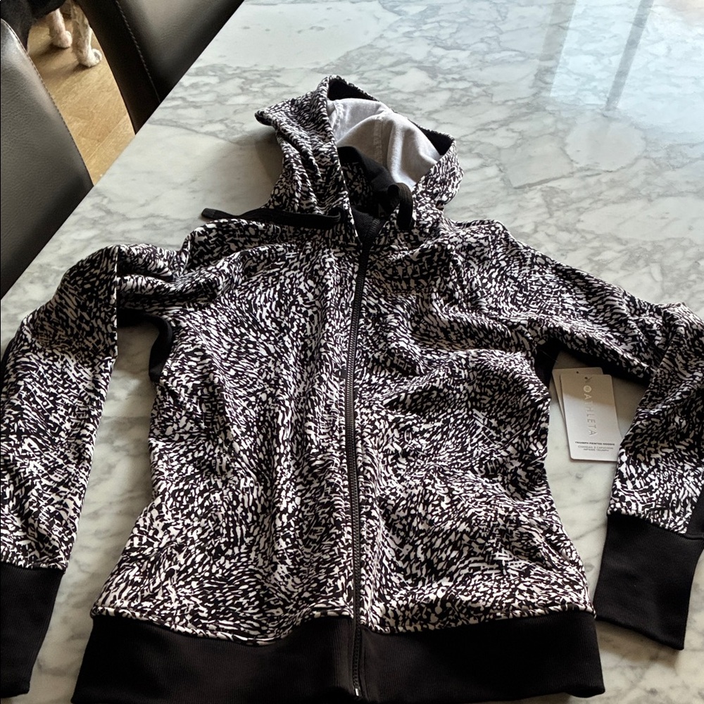 Athleta Black and White Patterned Hooded Zip Utility Jacket